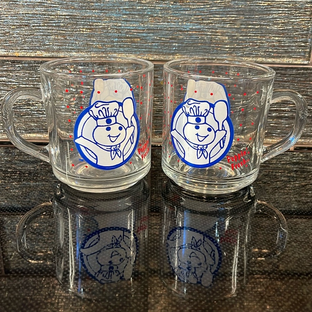 Pilsbury Dough Boy Poppin’ Fresh Mugs Clear Coffee Cups Vintage Glassware swag